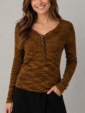 MUSE Silk Lace-Up Marled Knit Long Sleeve Sweater